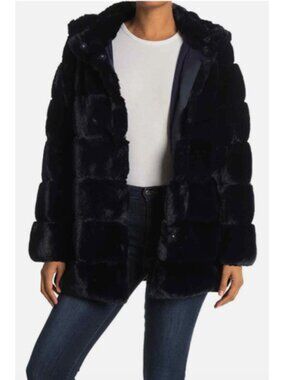 NWT BCBGMAXAZRIA FELICIA  Cozy Grooved Faux Fur Hooded Coat Jacket Black size XL